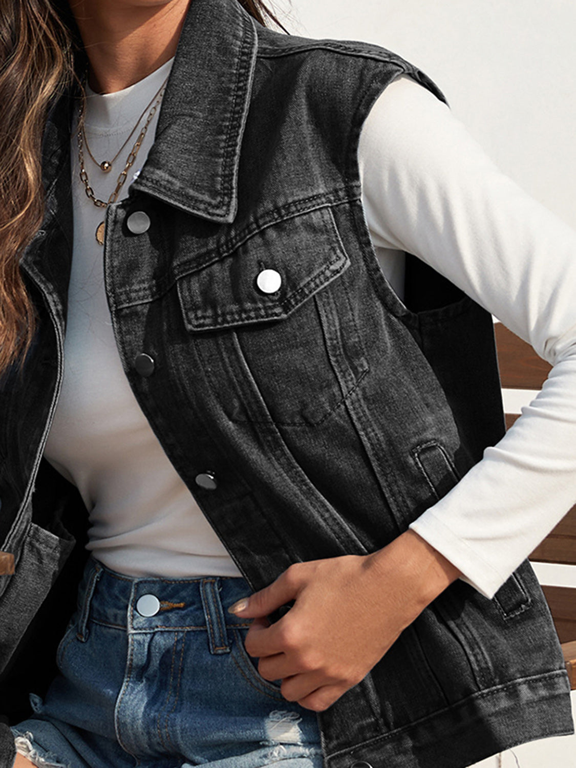 Collared Neck Sleeveless Denim Vest