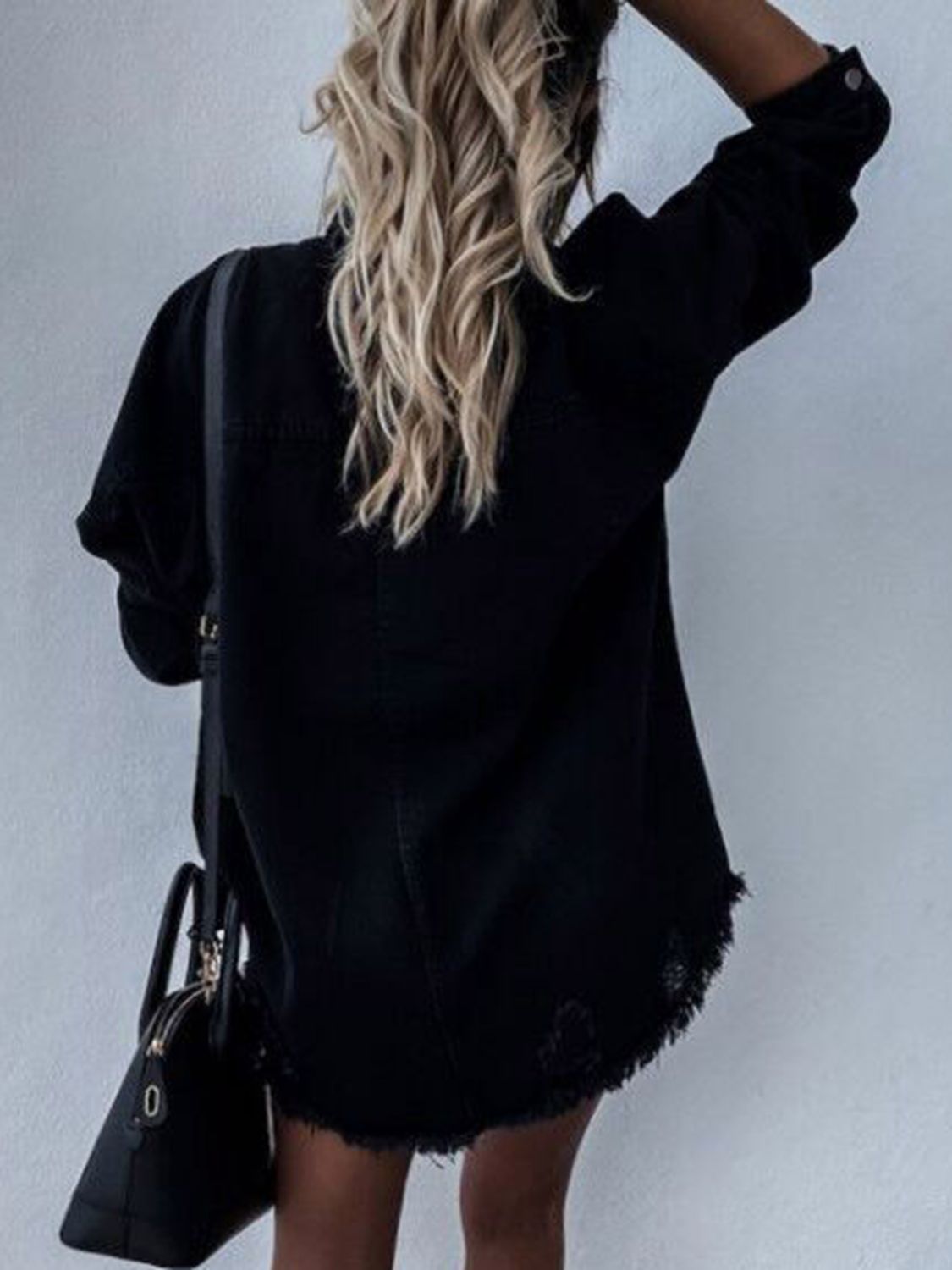 Raw Hem Collared Neck Long Sleeve Denim Top
