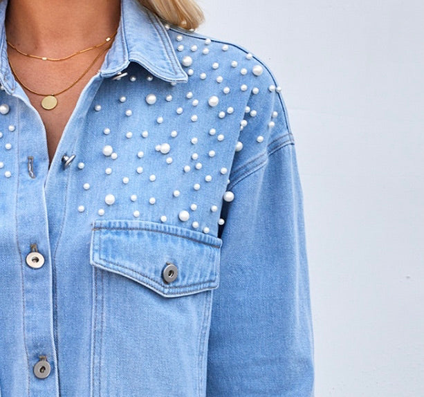 Pearl Detail Pocketed Button Up Denim Top