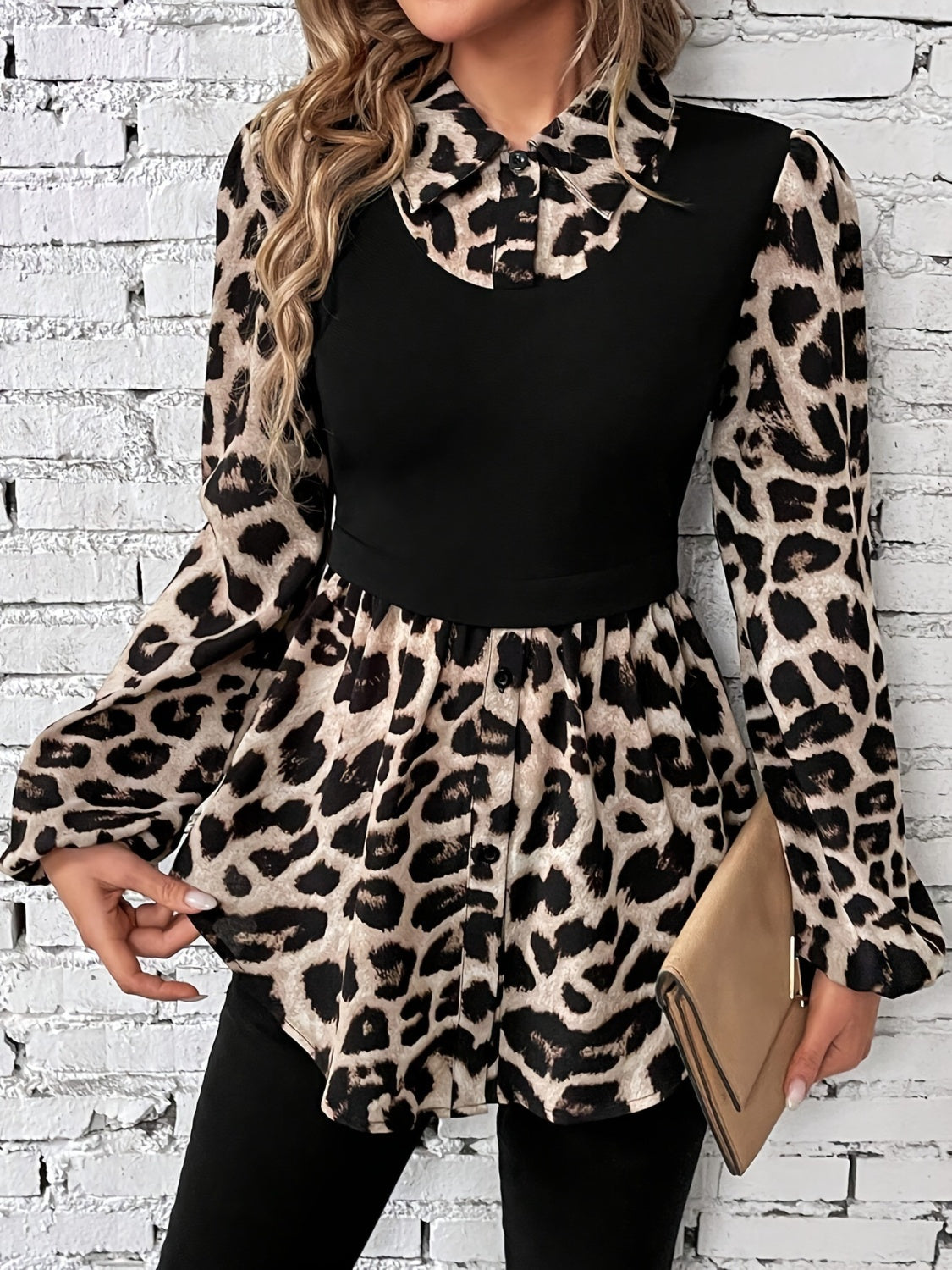 Leopard Collared Neck Balloon Sleeve Top