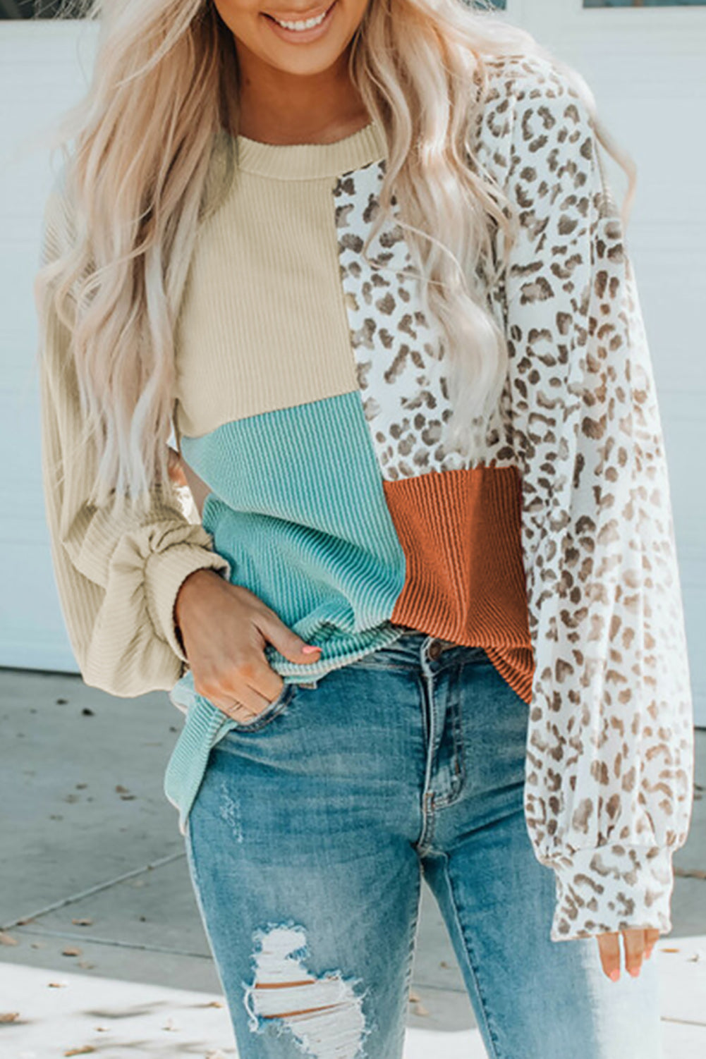 Leopard Patchwork Ribbed Long Sleeve Top
