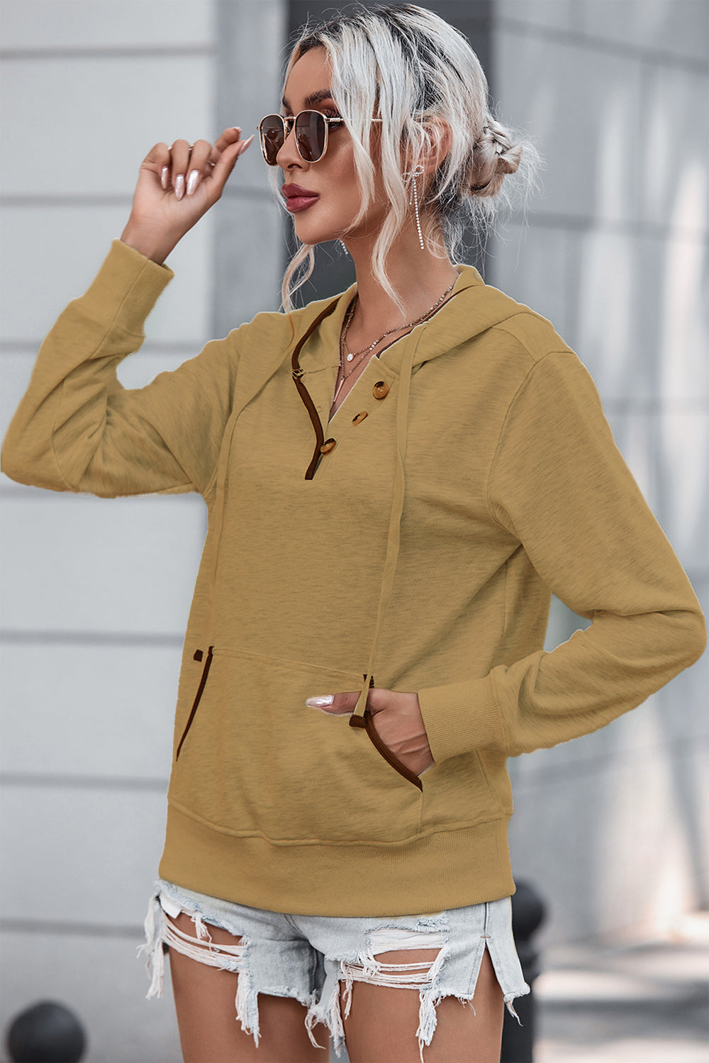 Half Button Drawstring Hoodie