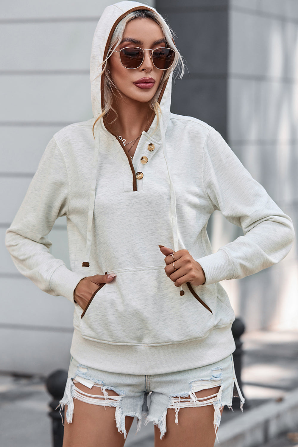 Half Button Drawstring Hoodie