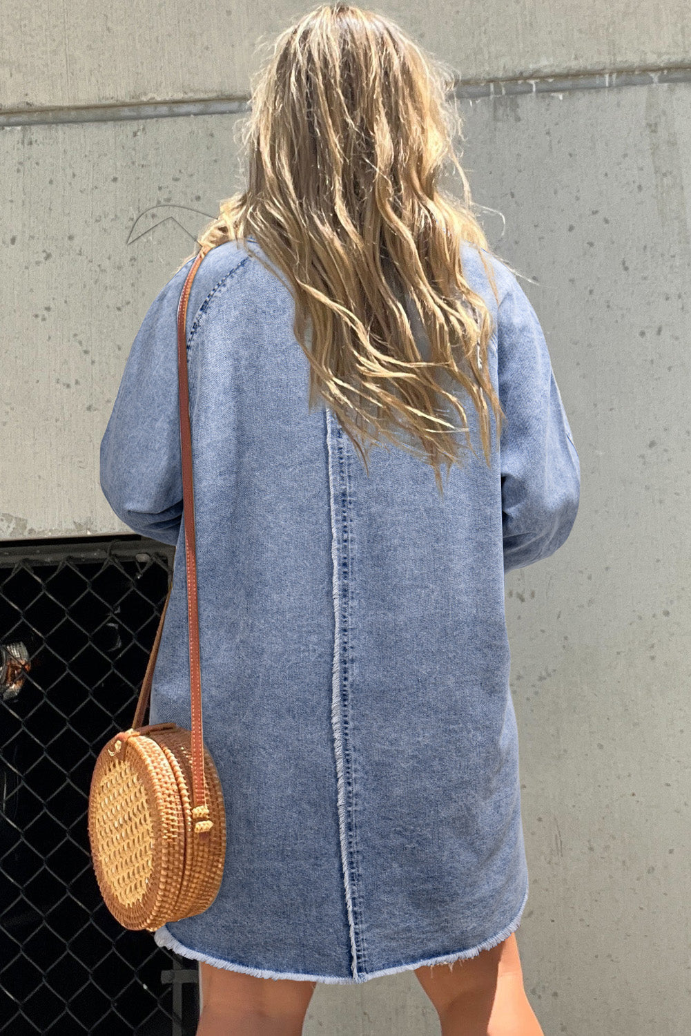 Beau Blue Wash Long Sleeve Button Up Raw Hem Pocketed Denim Dress