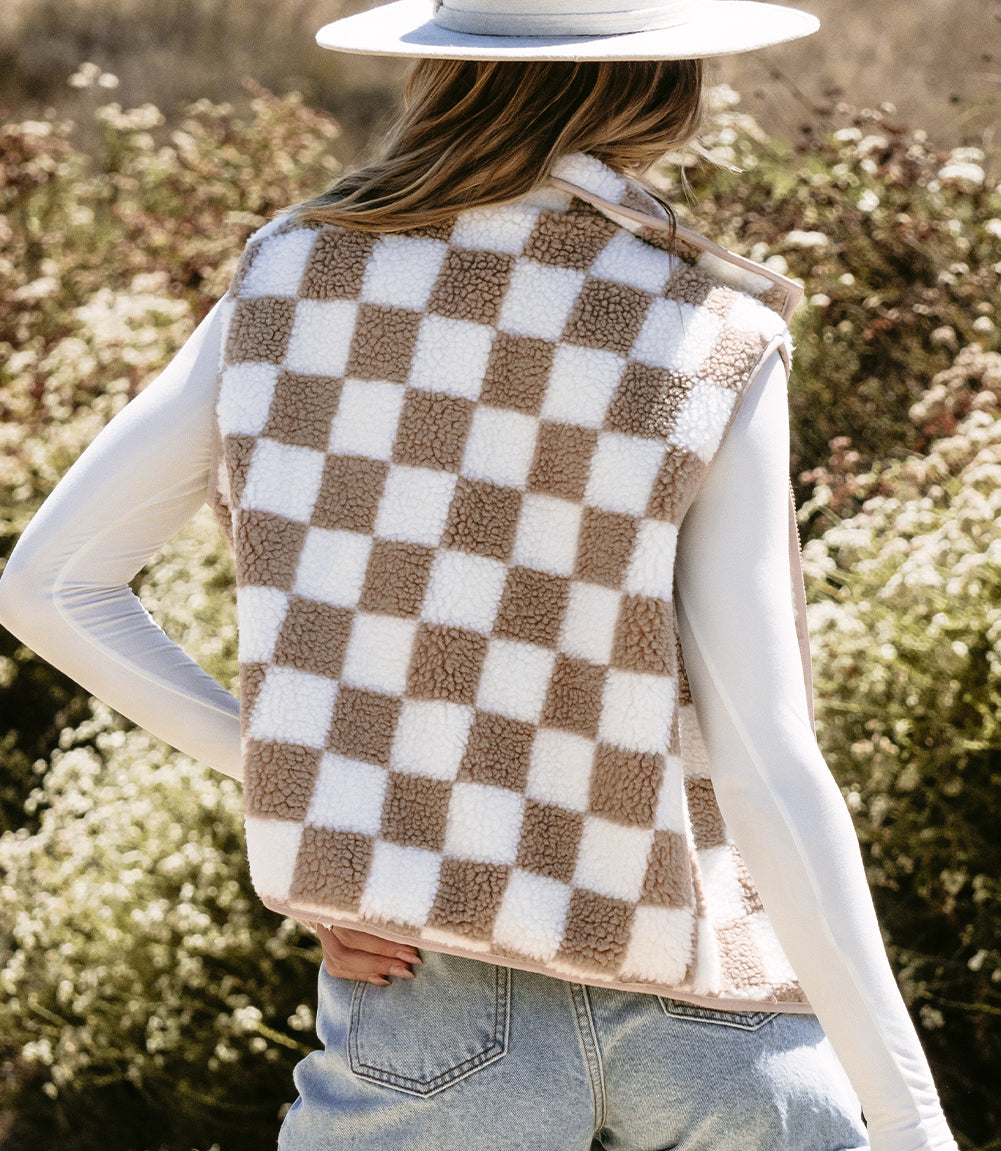 Khaki Checkered Sherpa Collared Jacket Vest