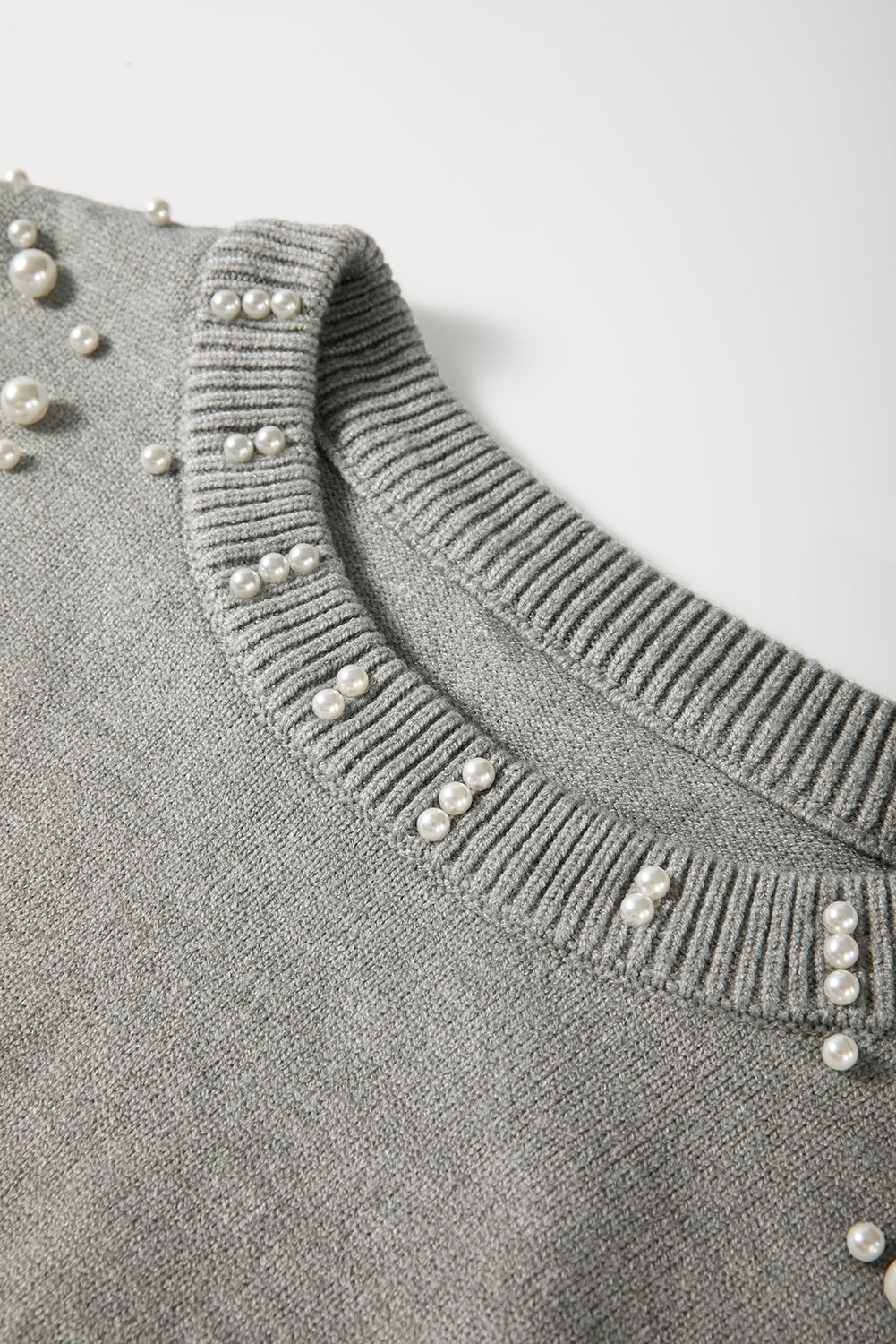 Smoke Gray Pearled Drop Shoulder Round Neck Sweater