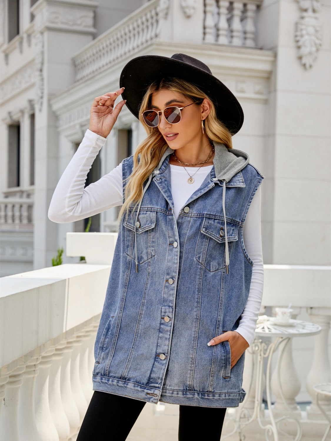 Drawstring Pocketed Button Up Sleeveless Denim