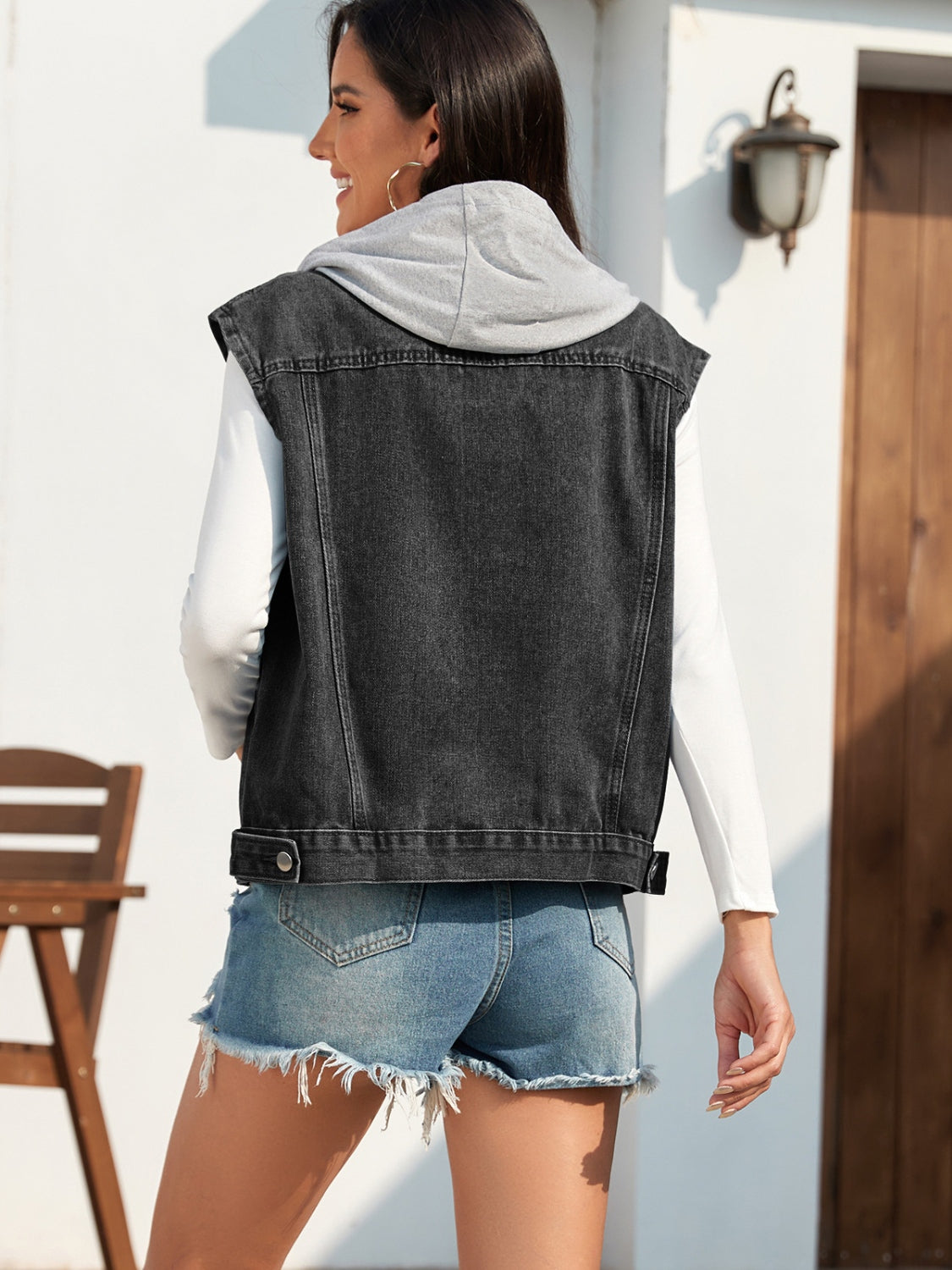 Pocketed Button Up Hooded Denim Top