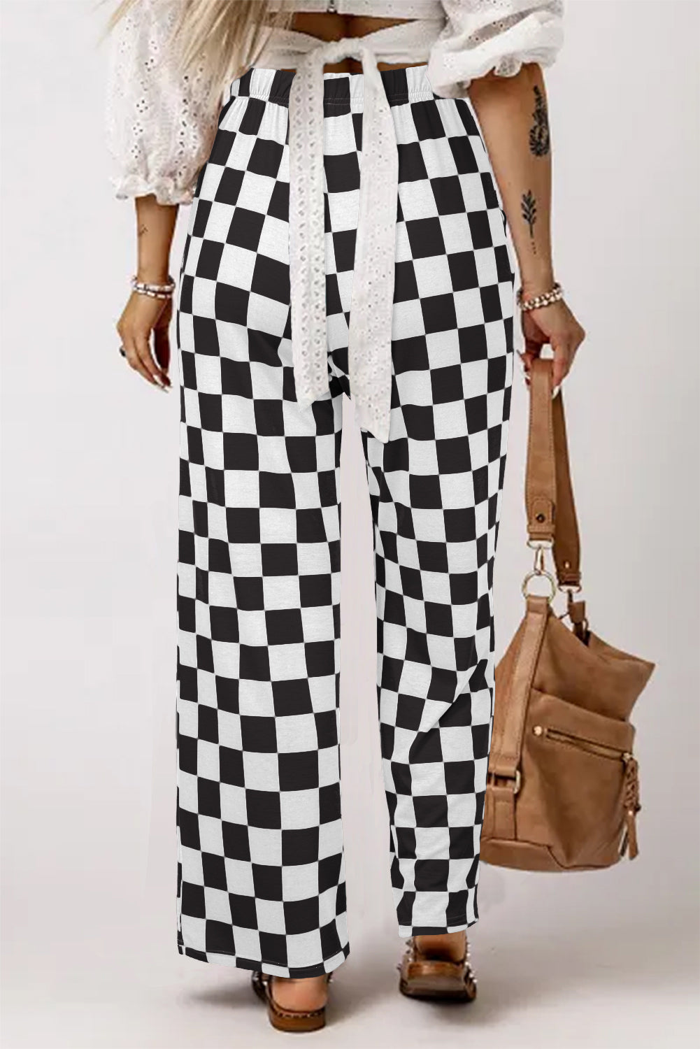 Checked Print High Waist Wide Leg Pants