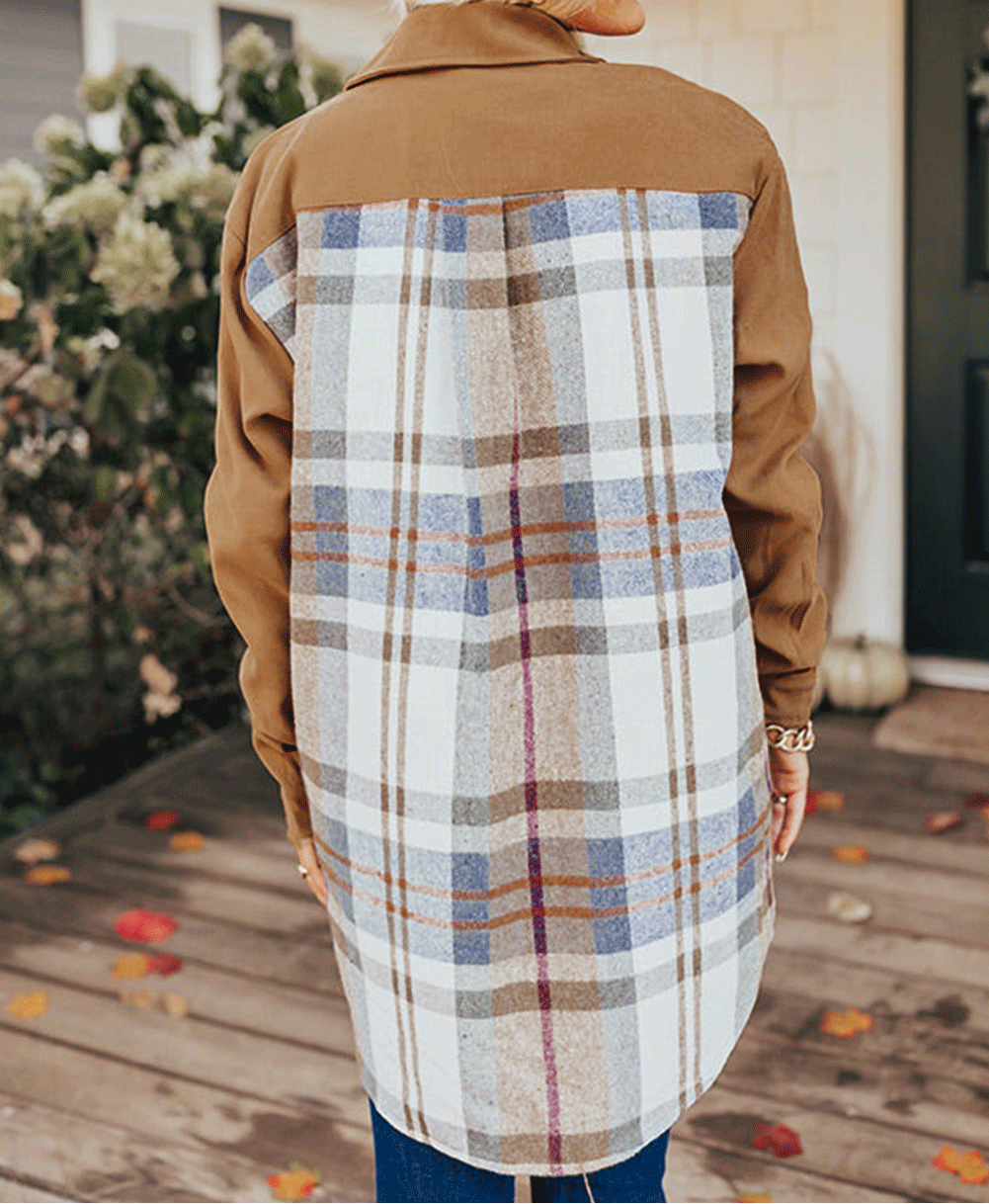 Khaki Plaid Patchwork Long Sleeve Shirt Mini Dress