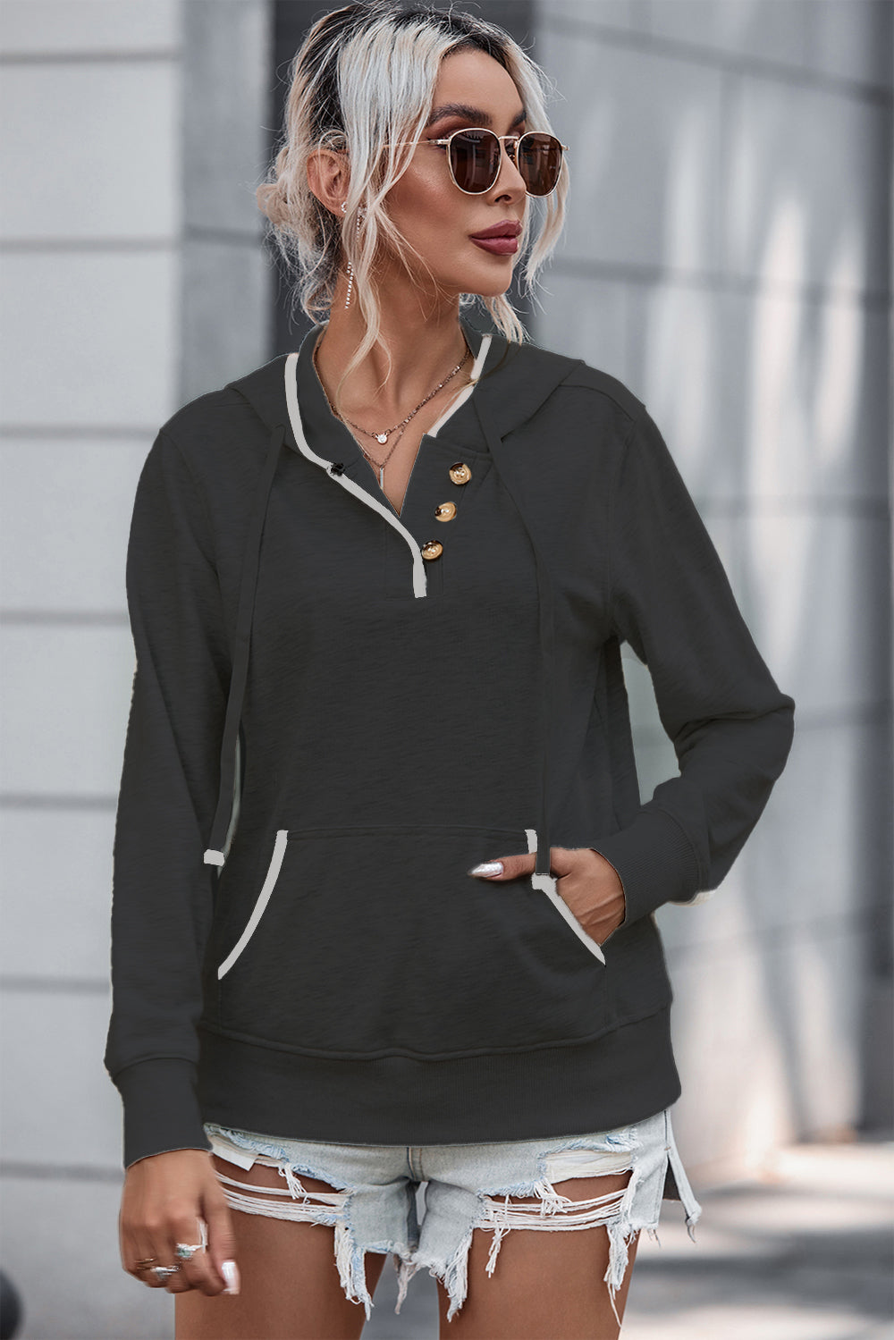 Half Button Drawstring Hoodie
