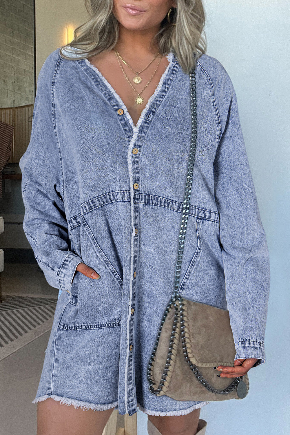 Beau Blue Wash Long Sleeve Button Up Raw Hem Pocketed Denim Dress