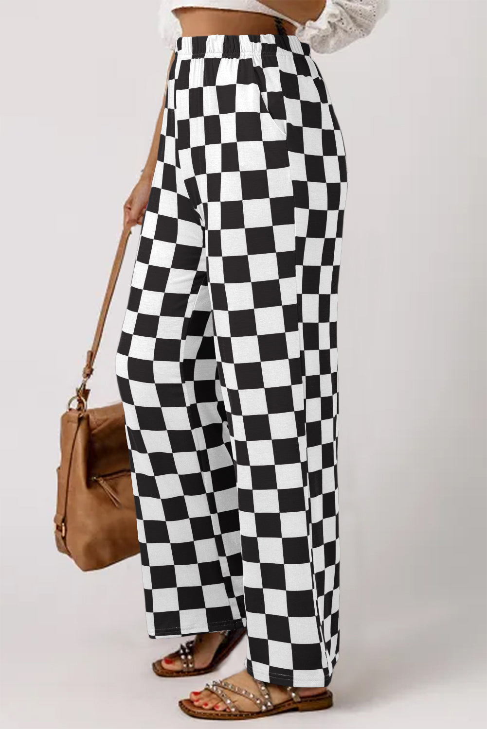 Checked Print High Waist Wide Leg Pants