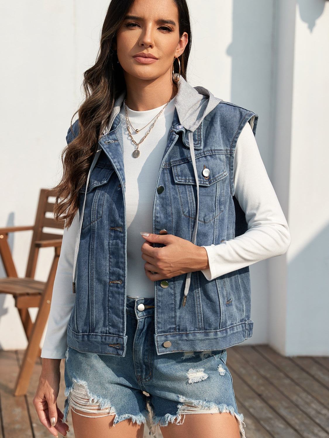 Pocketed Button Up Hooded Denim Top
