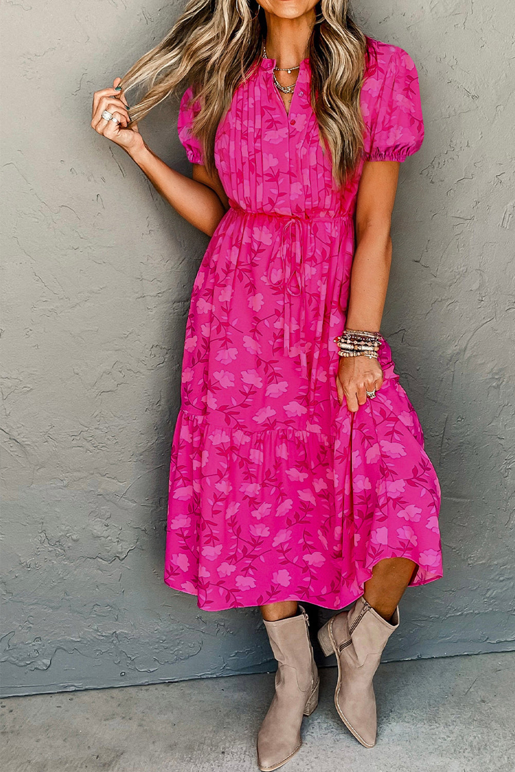 Rose Floral Print Pleated Drawstring Flowy Midi Dress