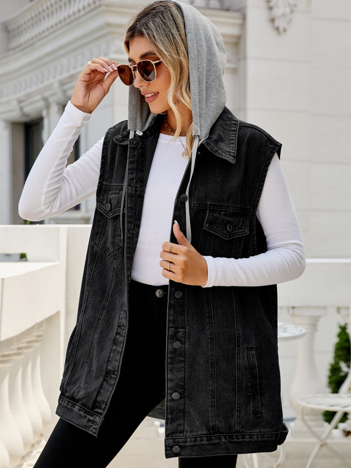Drawstring Pocketed Button Up Sleeveless Denim