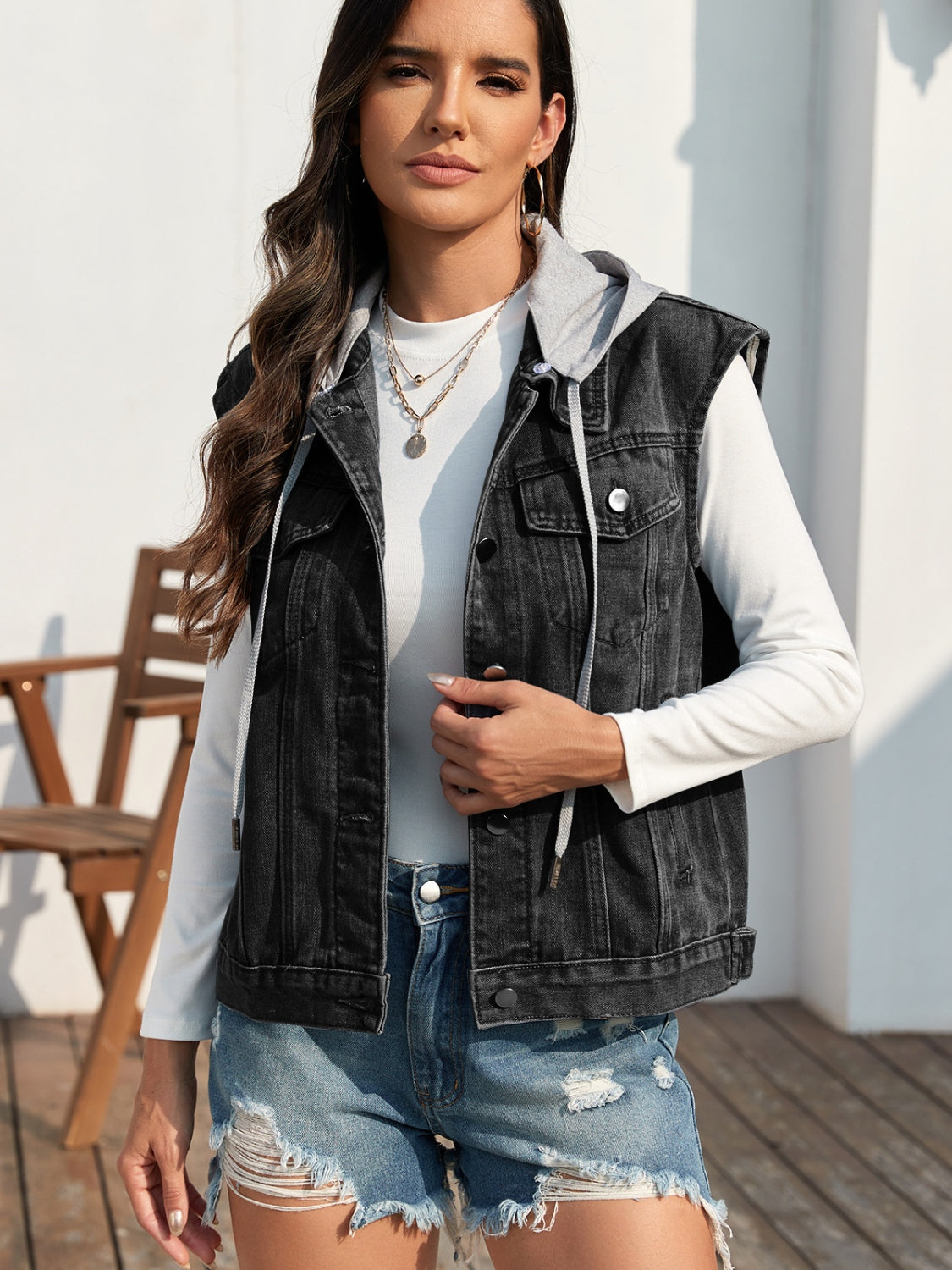 Pocketed Button Up Hooded Denim Top