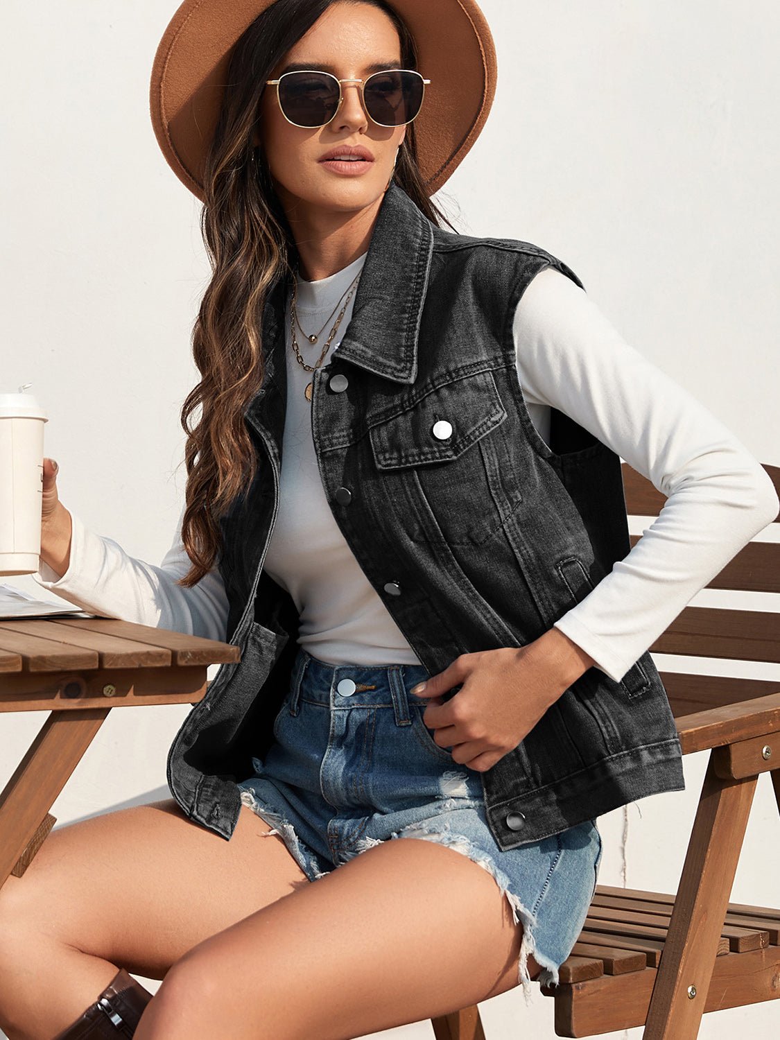 Collared Neck Sleeveless Denim Vest