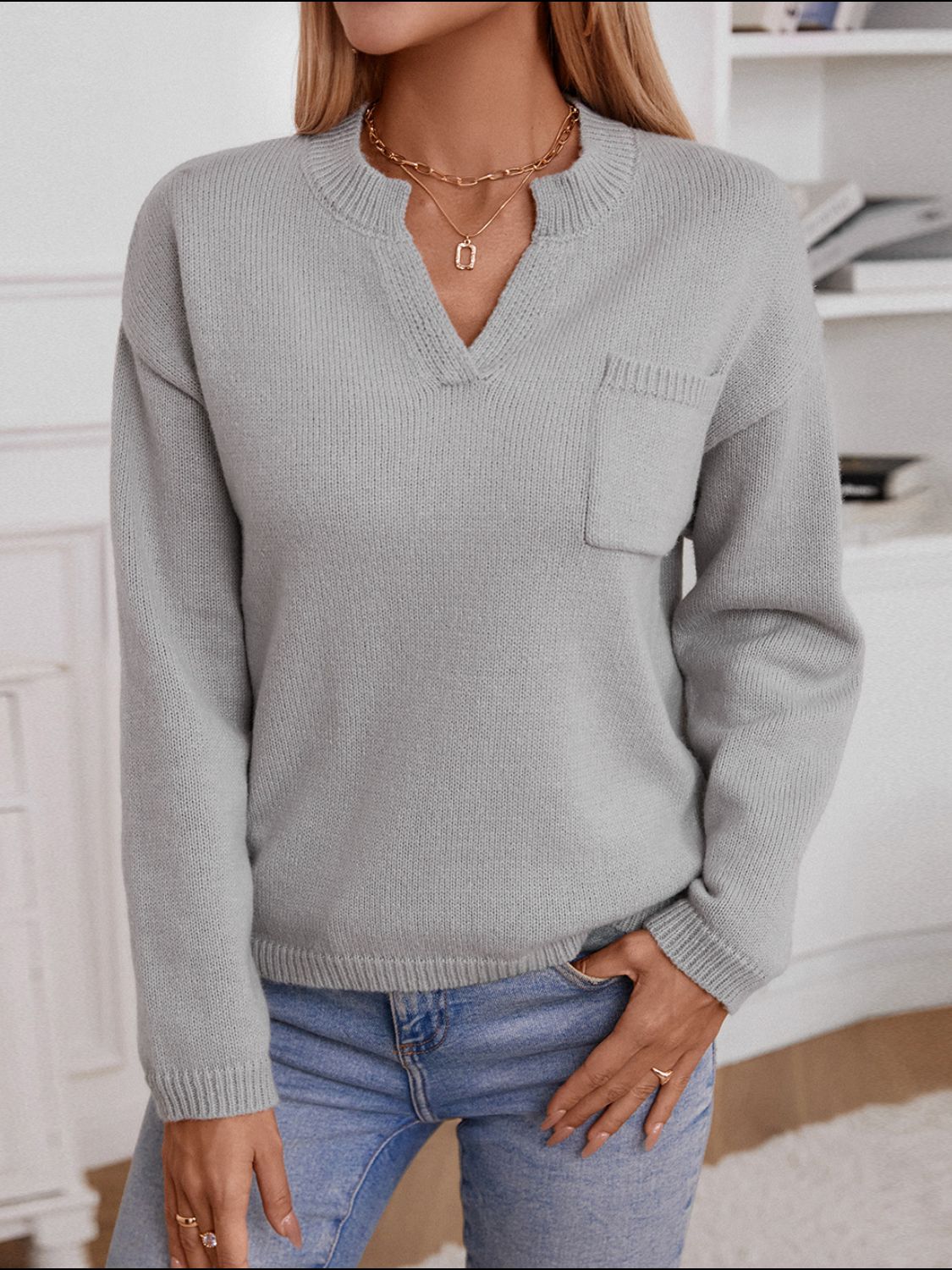 Pocketed Long Sleeve Knit Top