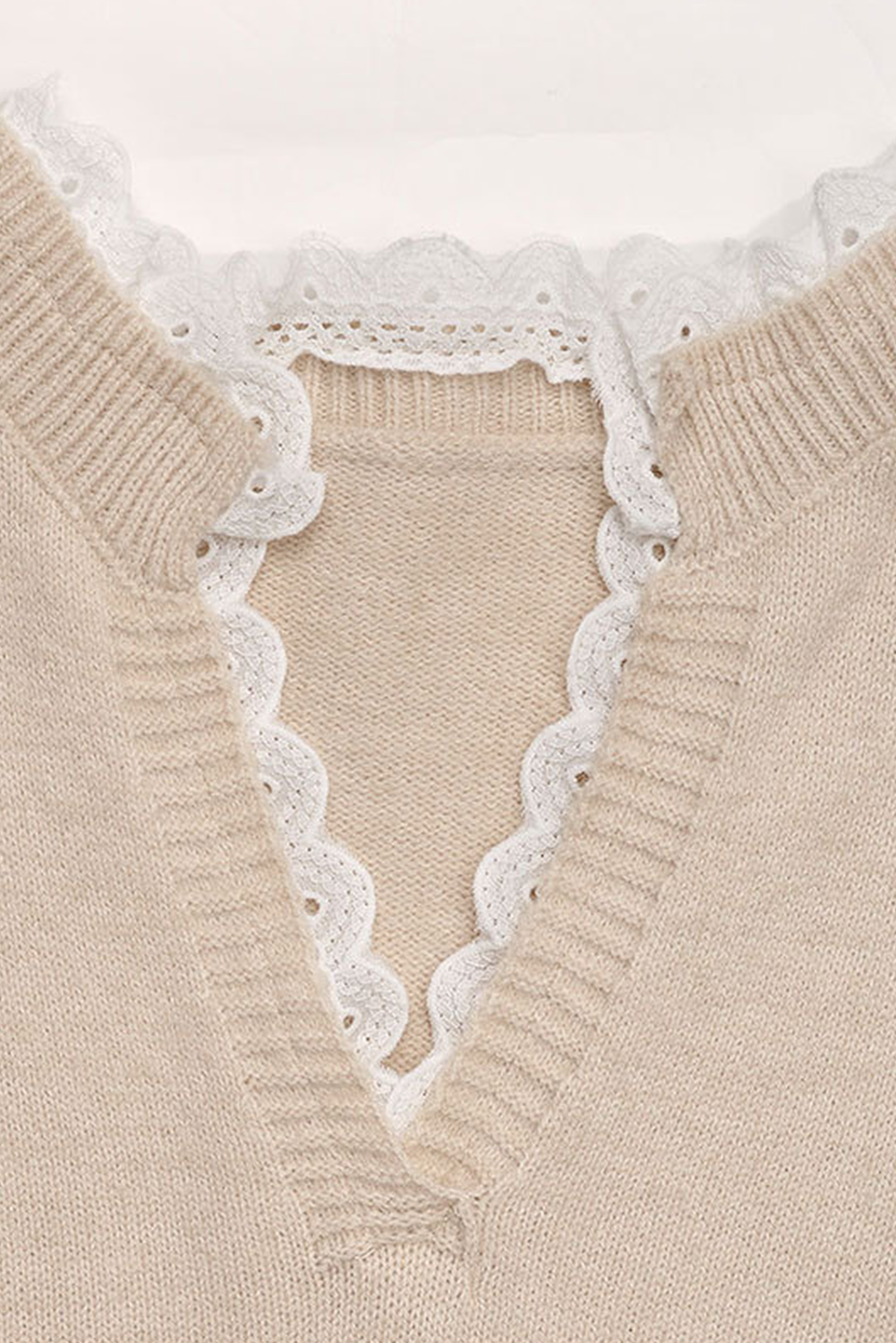 Heart Print Lace Splicing V Neck Sweater
