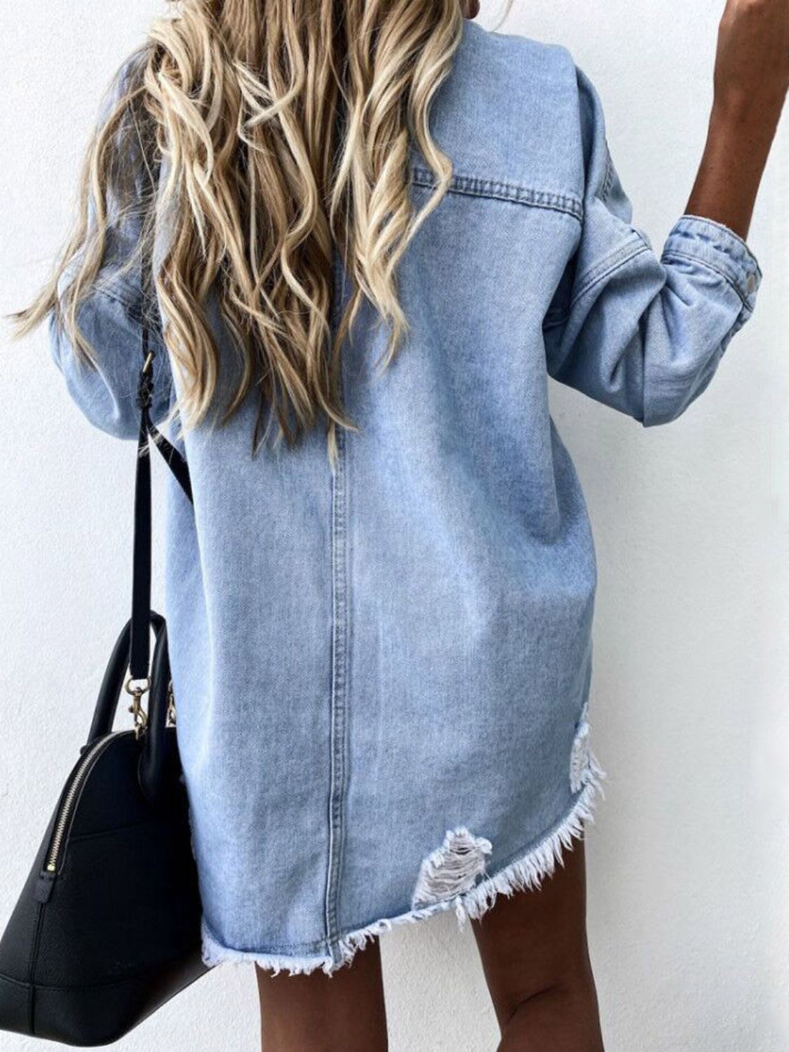 Raw Hem Collared Neck Long Sleeve Denim Top