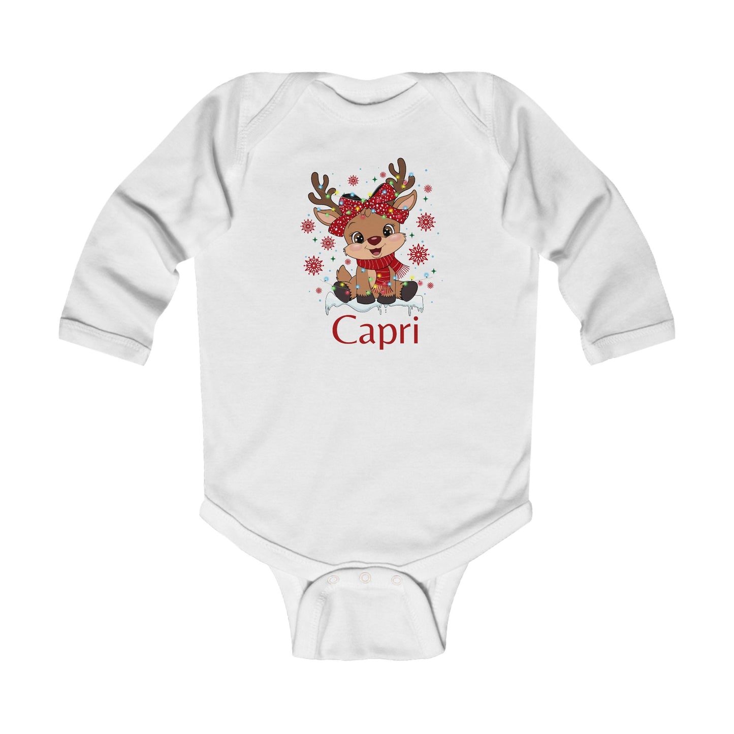 Infant Long Sleeve Bodysuit | Custom Name Blush Sparkly Rudolph