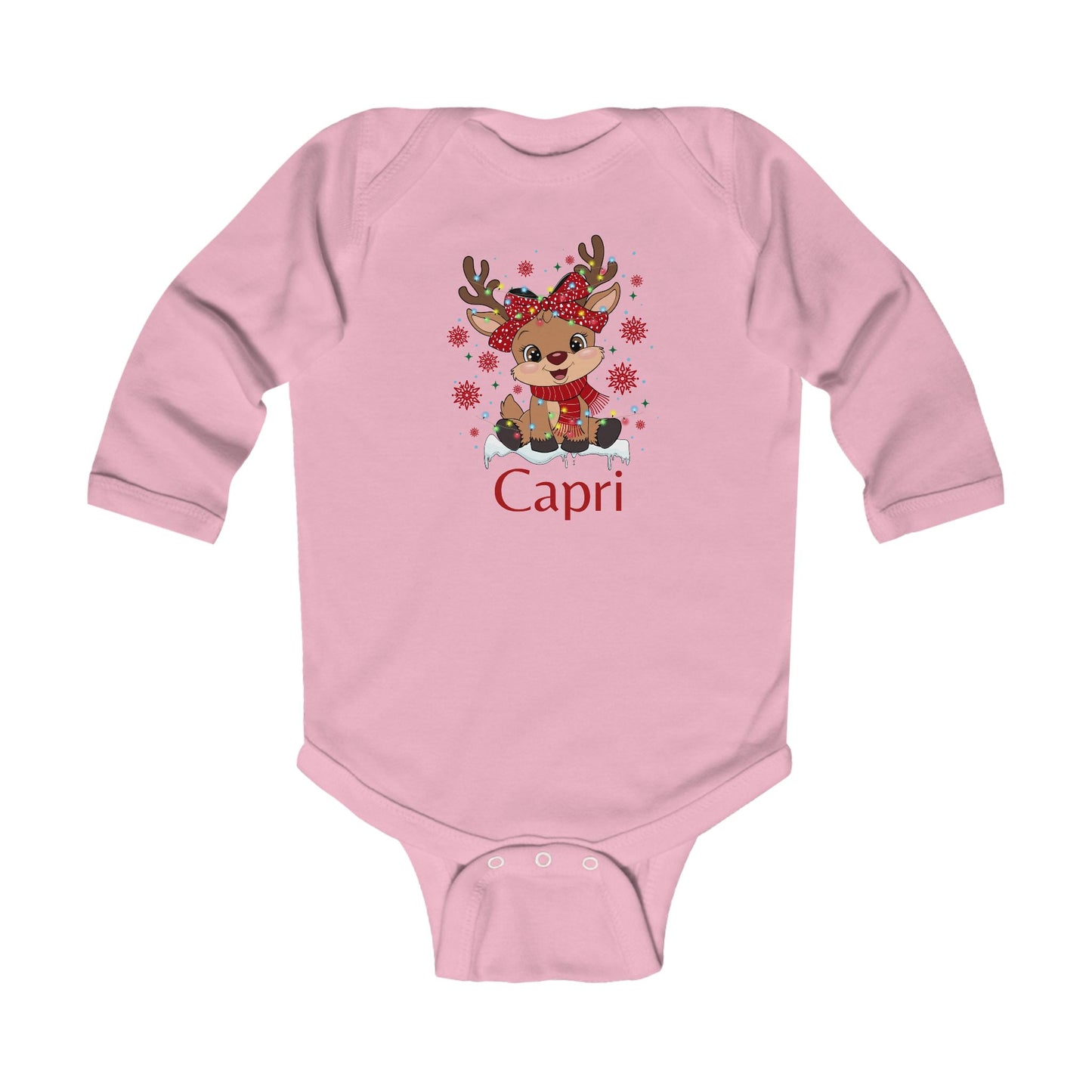 Infant Long Sleeve Bodysuit | Custom Name Blush Sparkly Rudolph