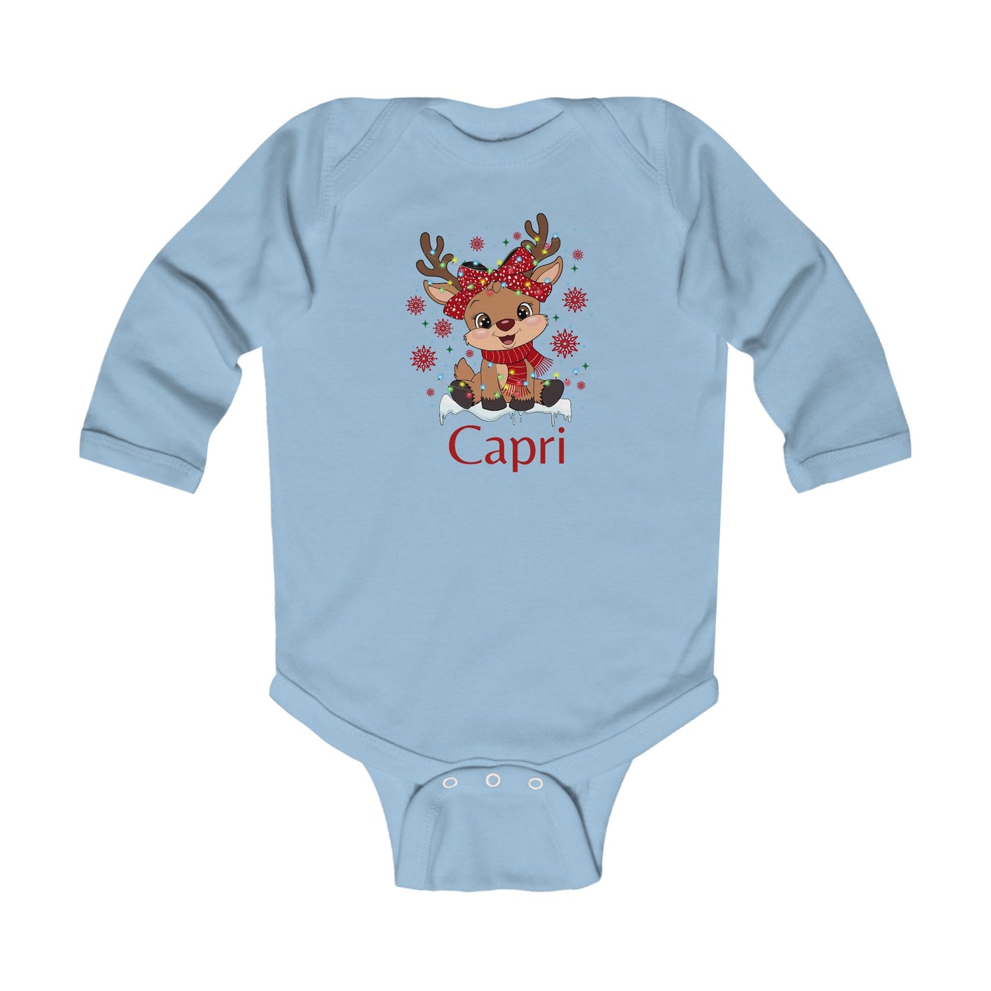 Infant Long Sleeve Bodysuit | Custom Name Blush Sparkly Rudolph