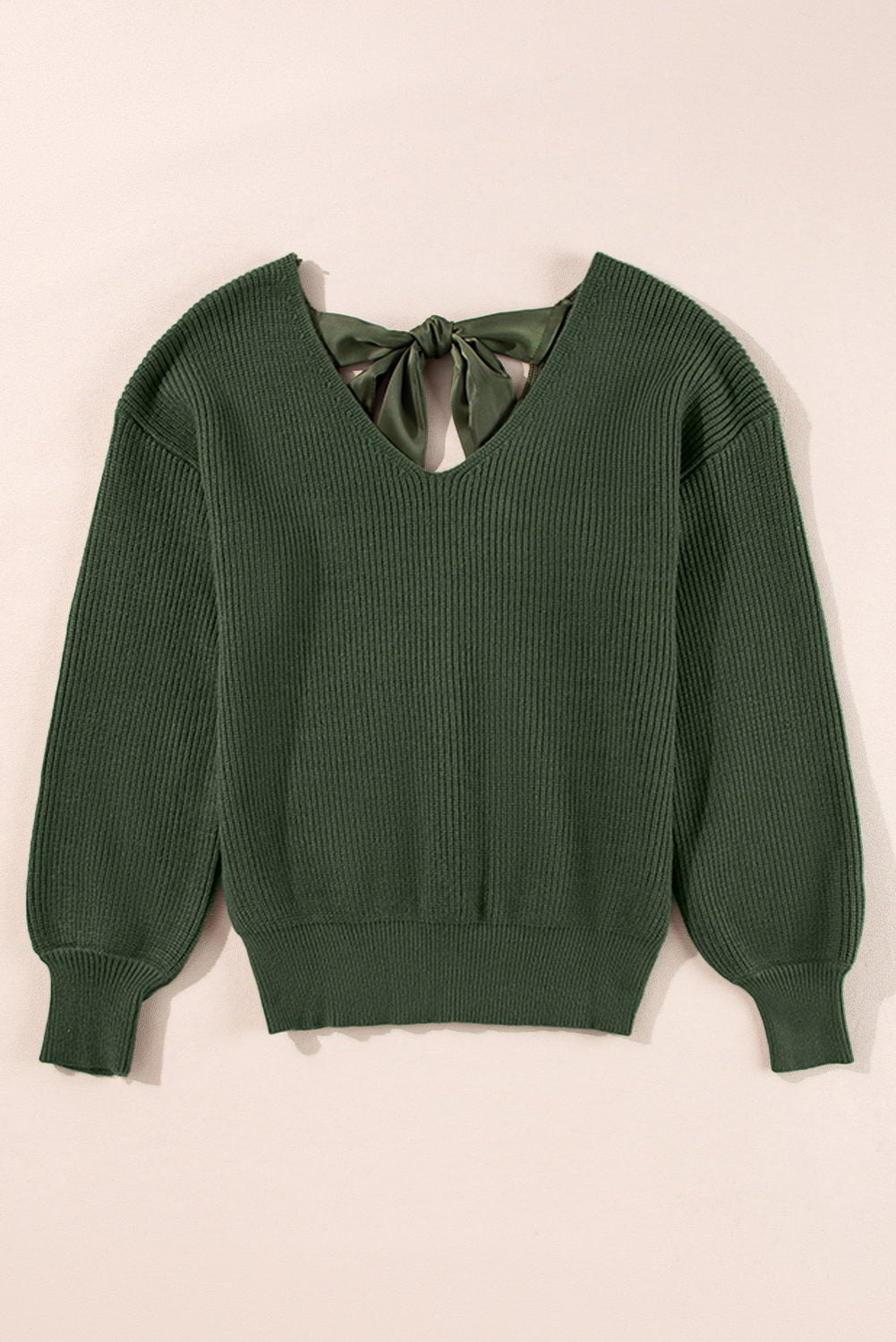 Apricot Lantern Sleeve V Neck Knot Back Sweater