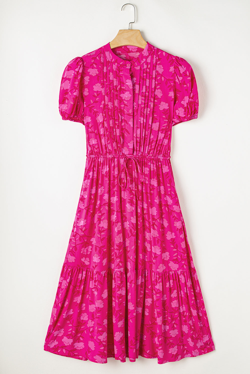 Rose Floral Print Pleated Drawstring Flowy Midi Dress