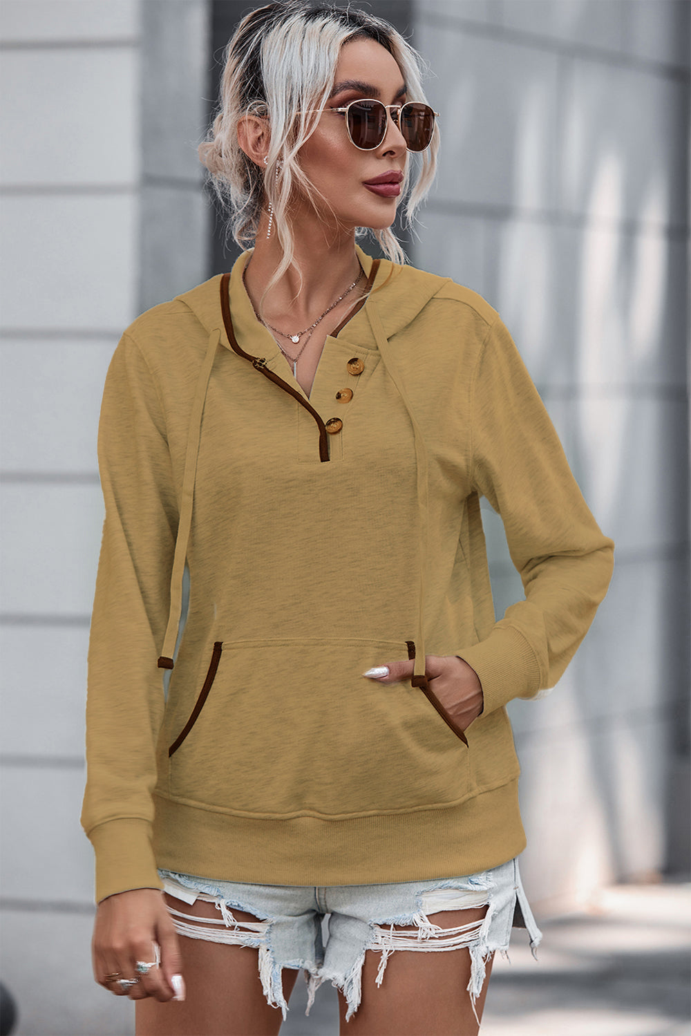 Half Button Drawstring Hoodie
