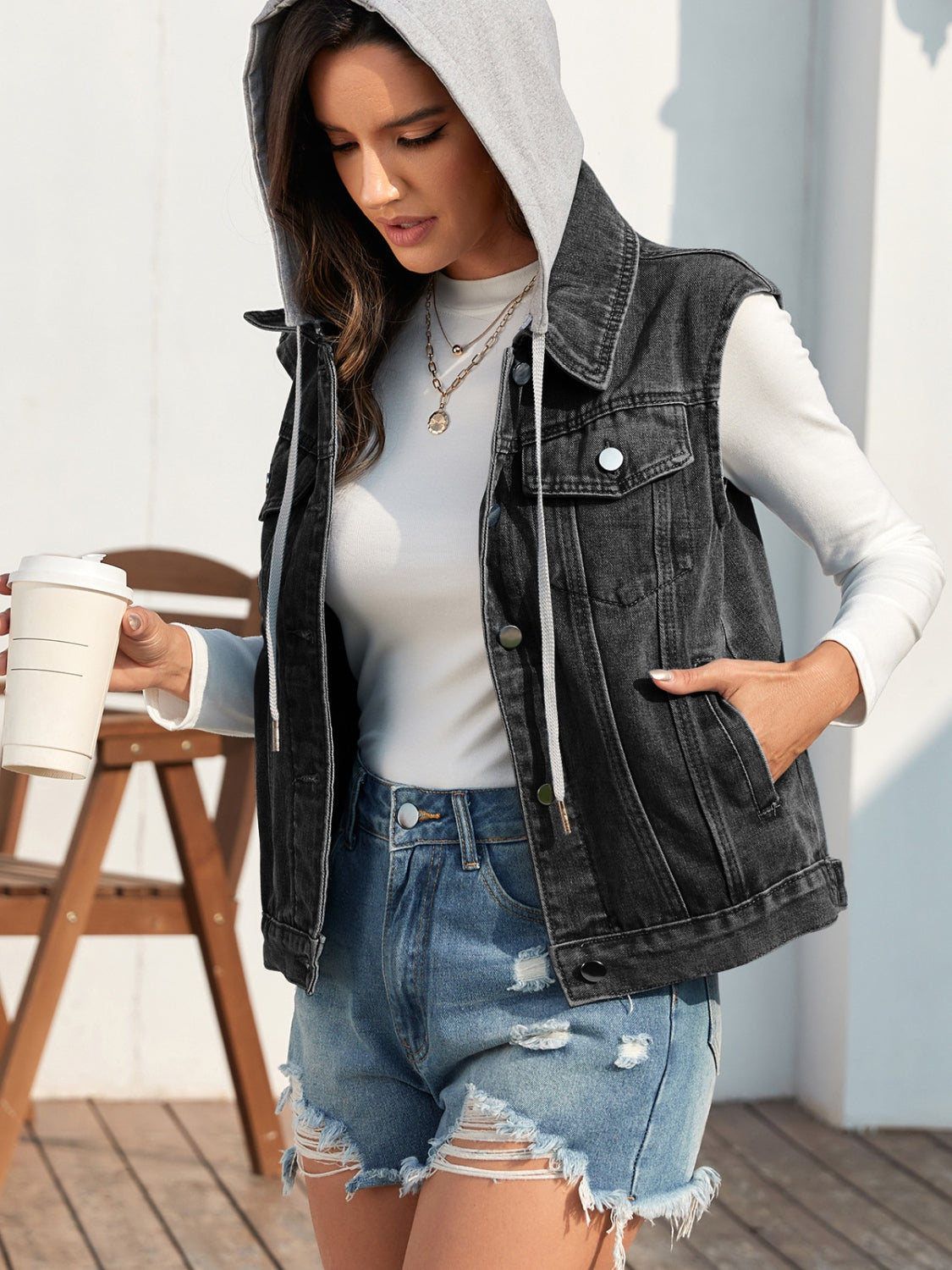 Pocketed Button Up Hooded Denim Top