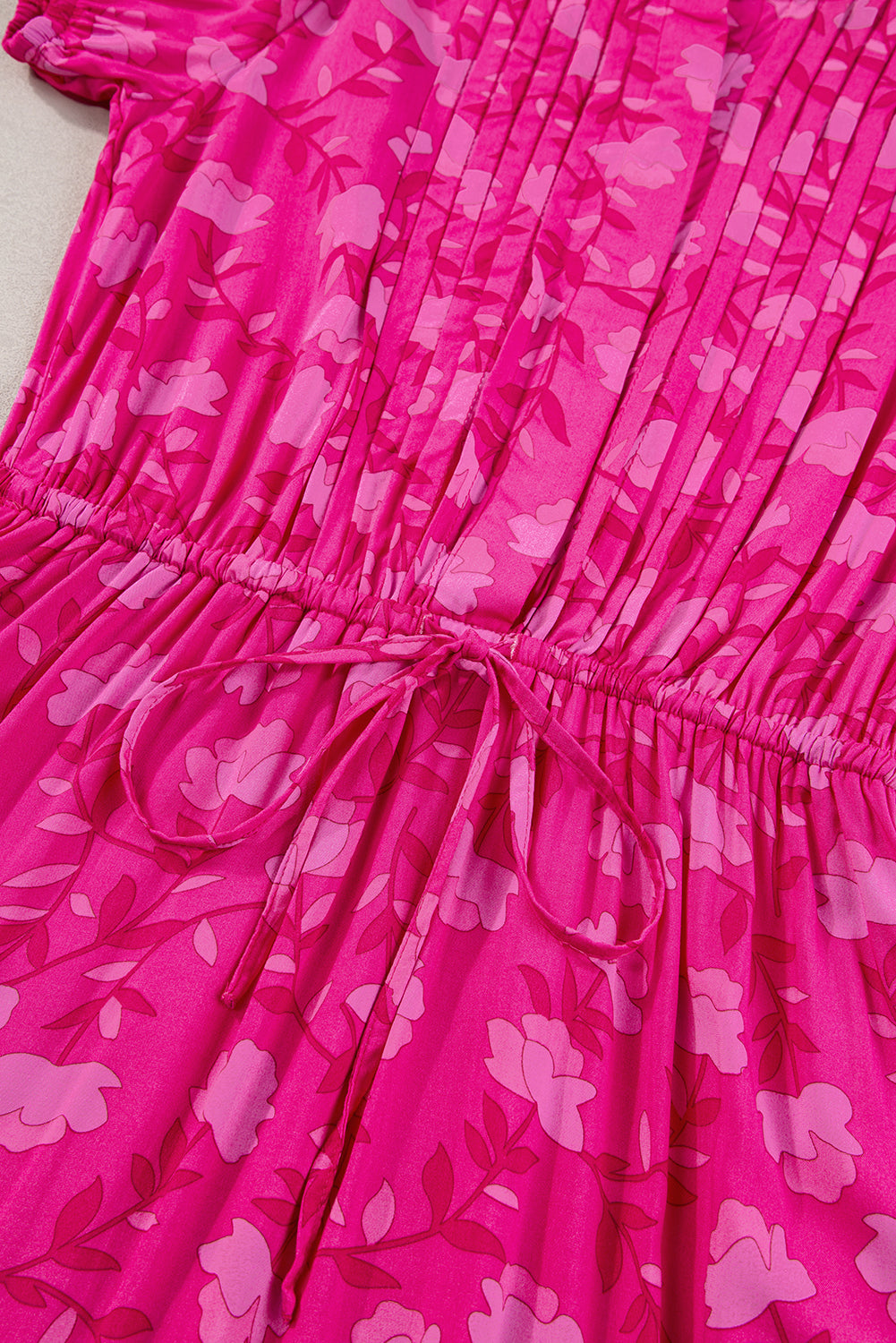 Rose Floral Print Pleated Drawstring Flowy Midi Dress
