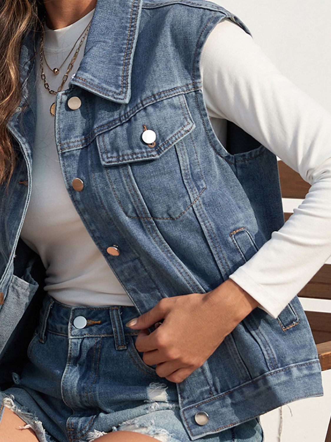 Collared Neck Sleeveless Denim Vest