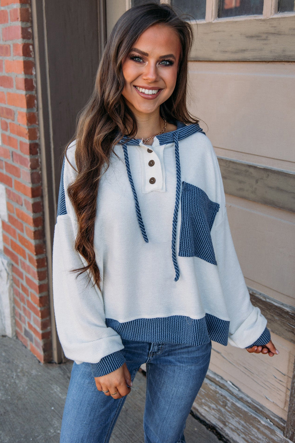 Patch Pocket Drawstring Hooded Top
