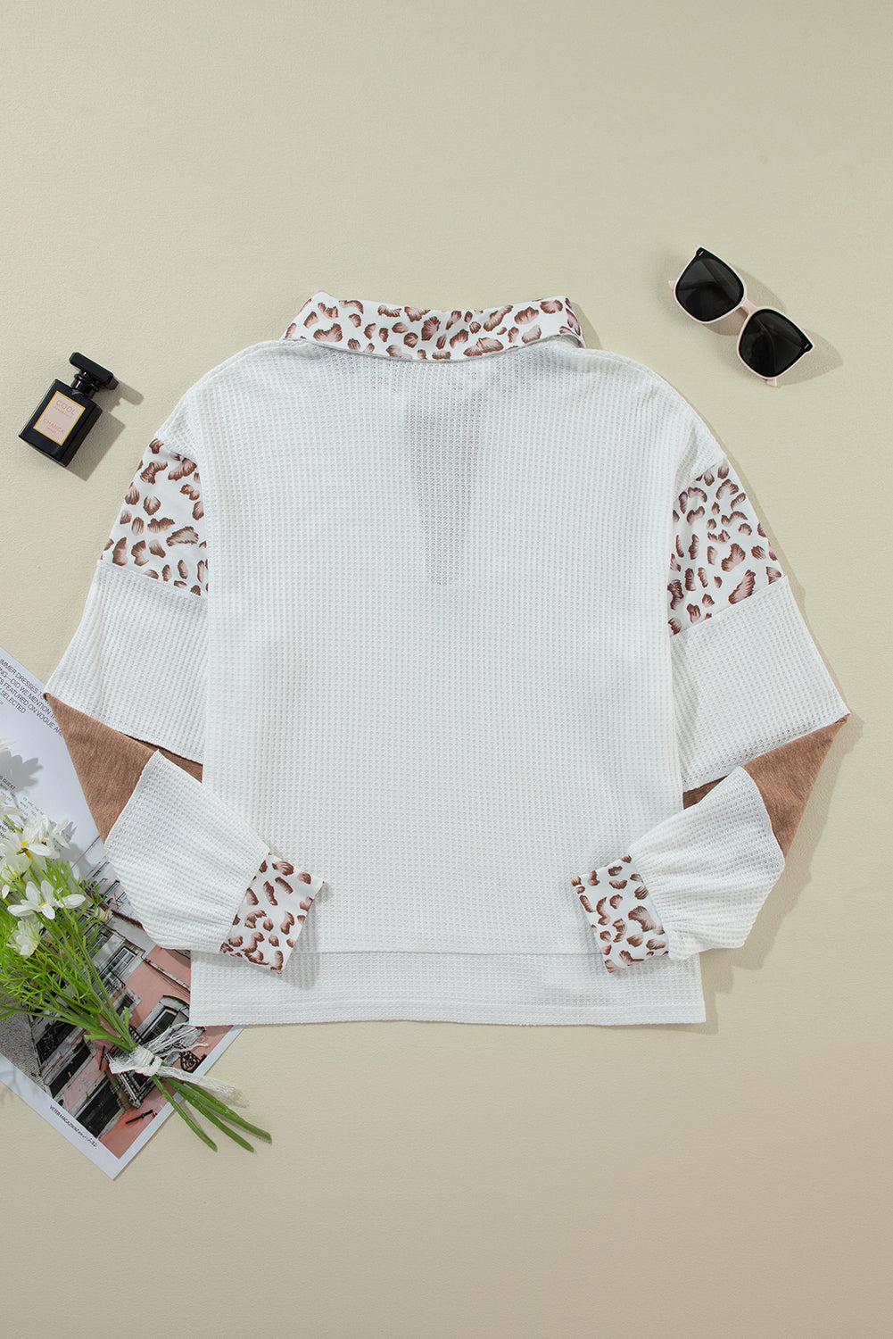 White Leopard Patchwork Turn-down Collar Top