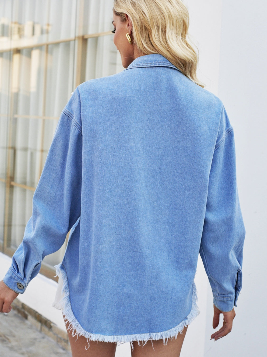 Pearl Detail Pocketed Button Up Denim Top