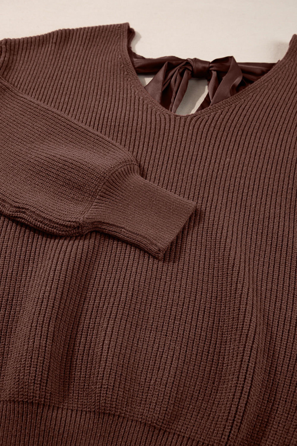 Apricot Lantern Sleeve V Neck Knot Back Sweater