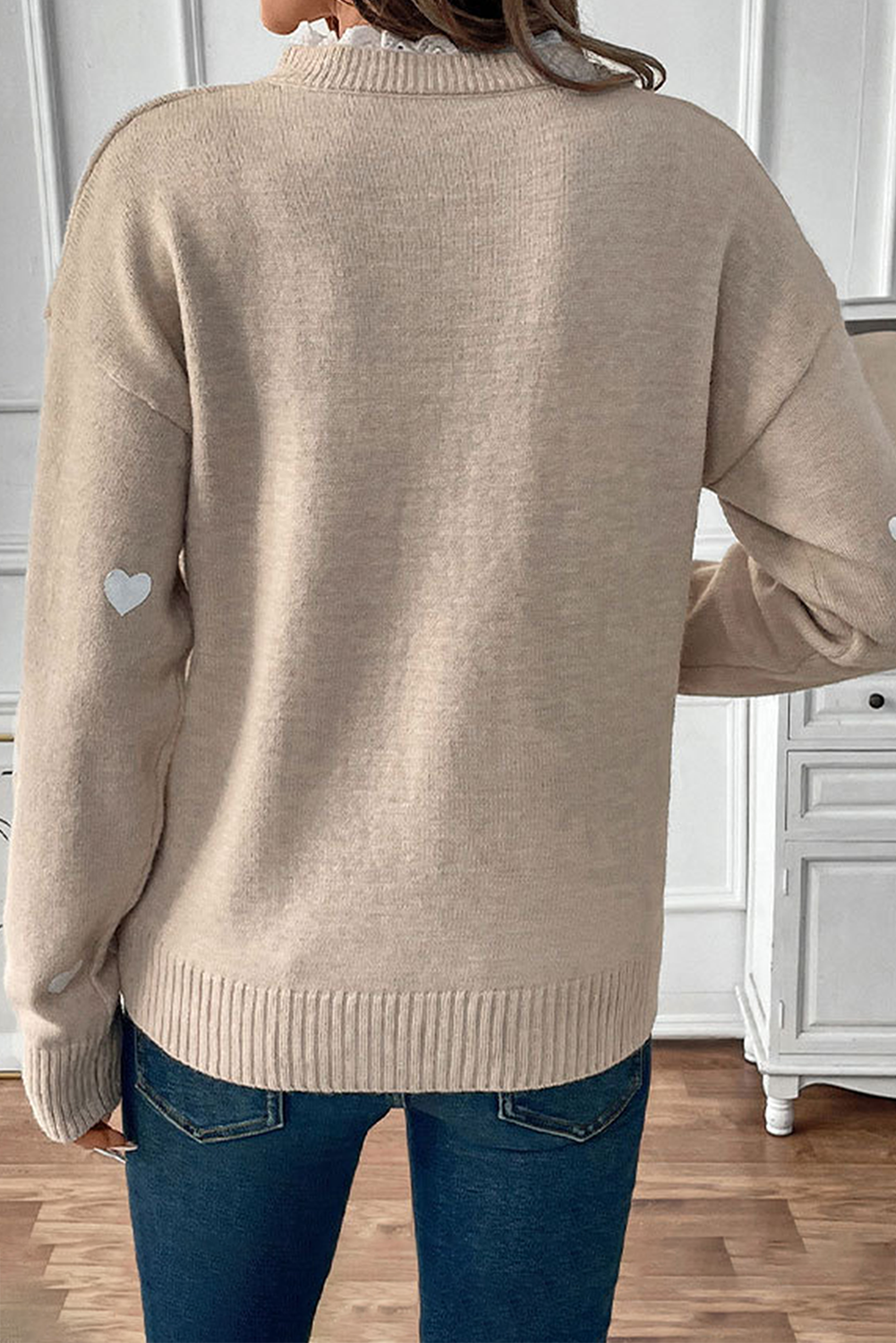 Heart Print Lace Splicing V Neck Sweater