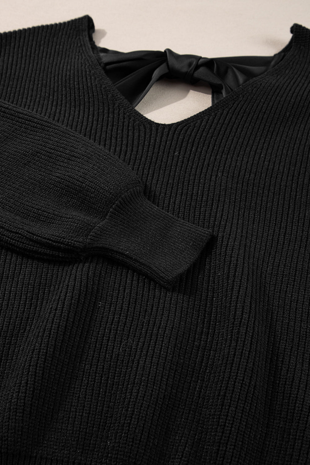 Apricot Lantern Sleeve V Neck Knot Back Sweater