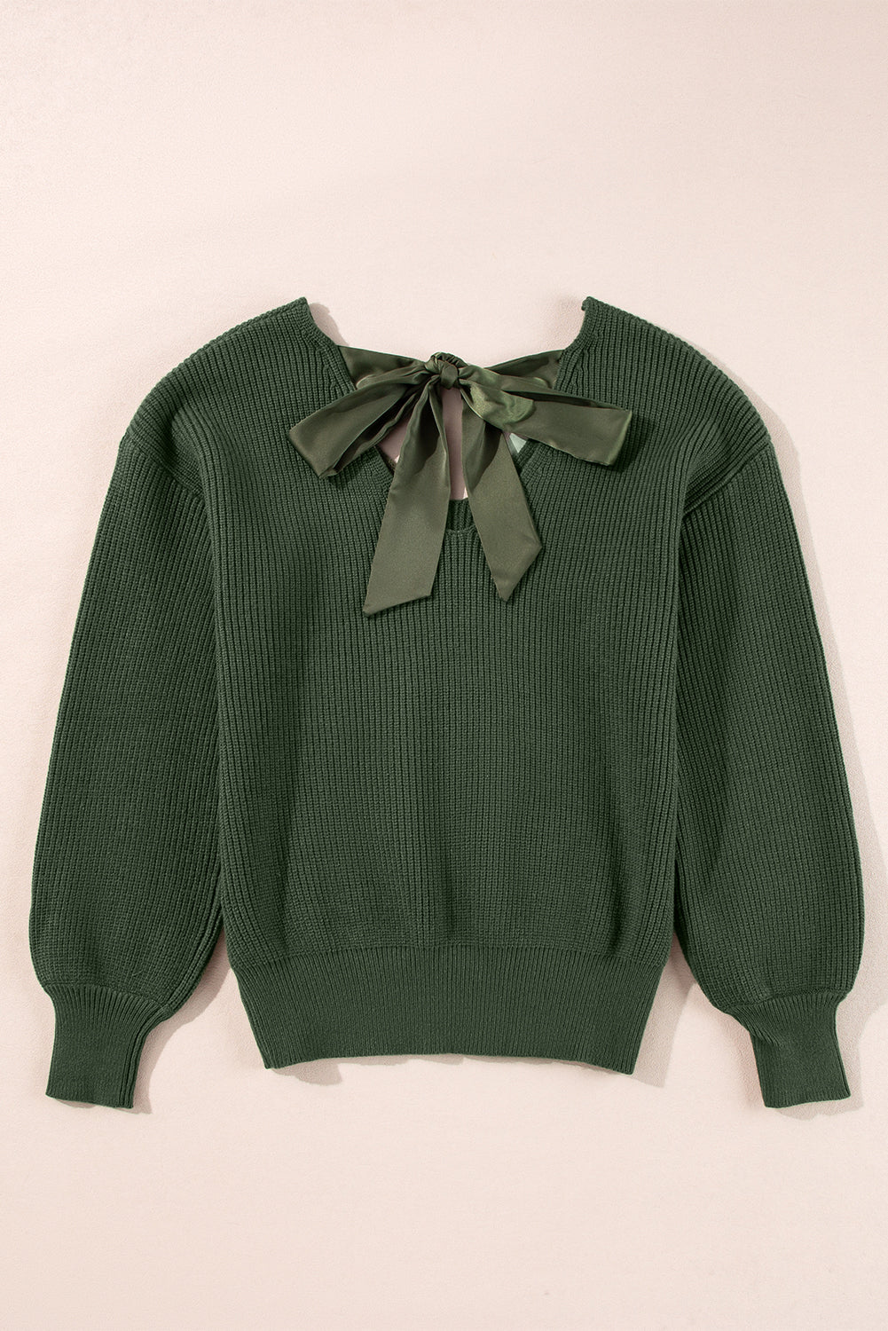 Apricot Lantern Sleeve V Neck Knot Back Sweater