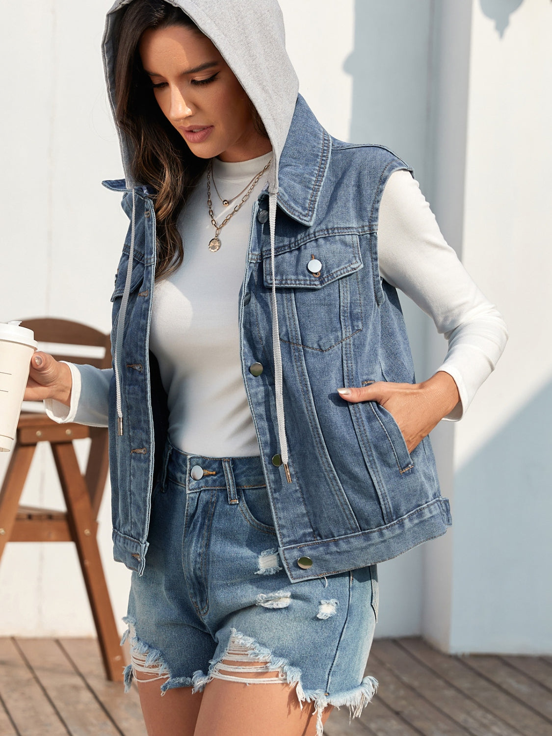 Pocketed Button Up Hooded Denim Top