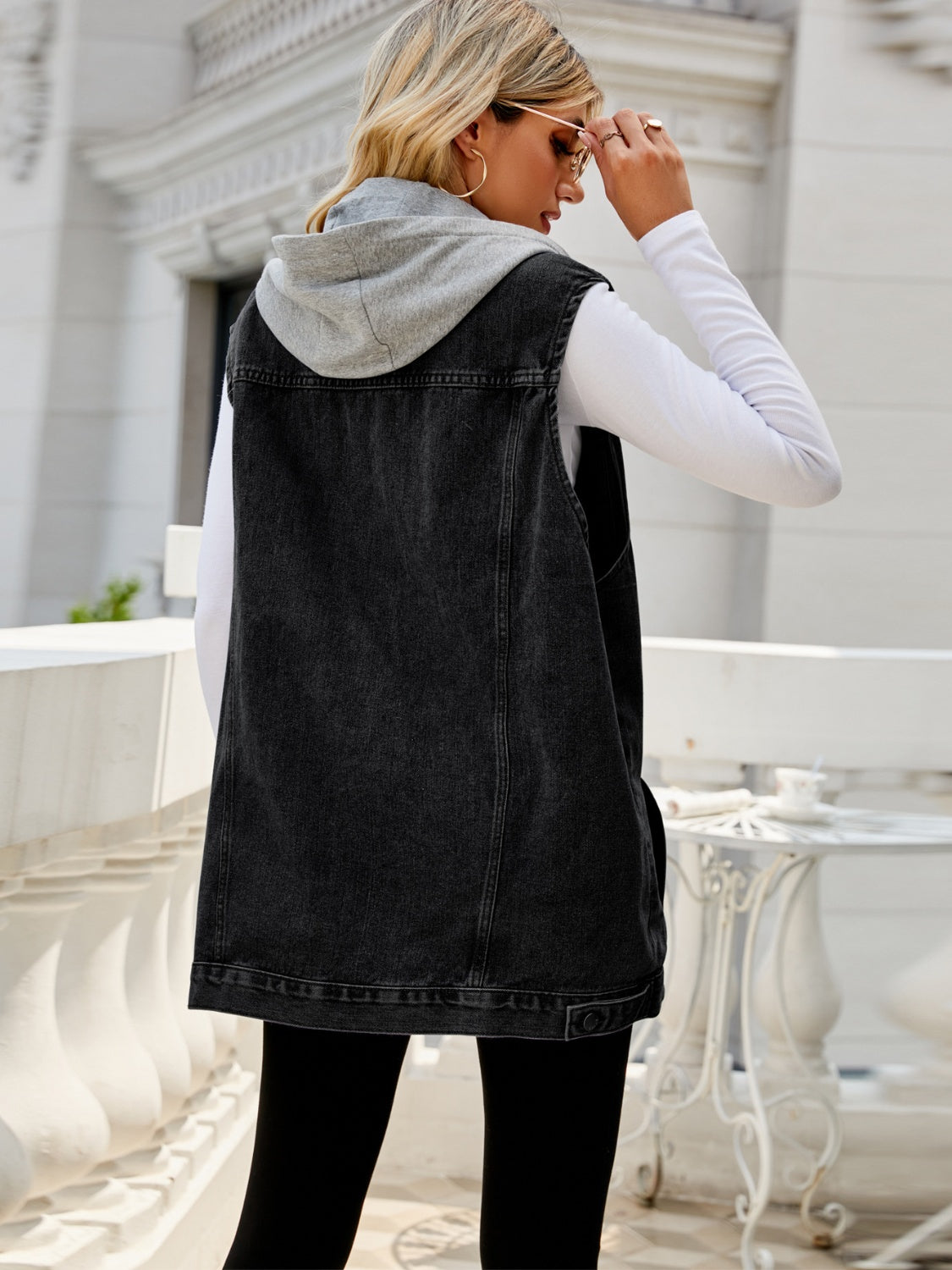 Drawstring Pocketed Button Up Sleeveless Denim