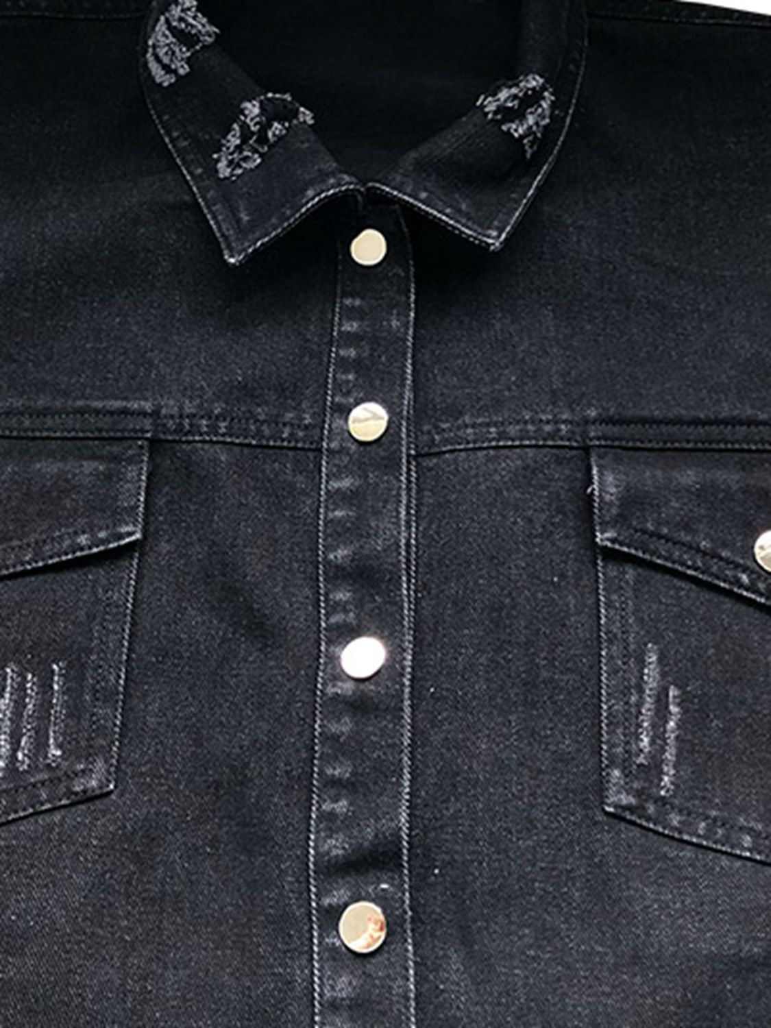 Raw Hem Collared Neck Long Sleeve Denim Top
