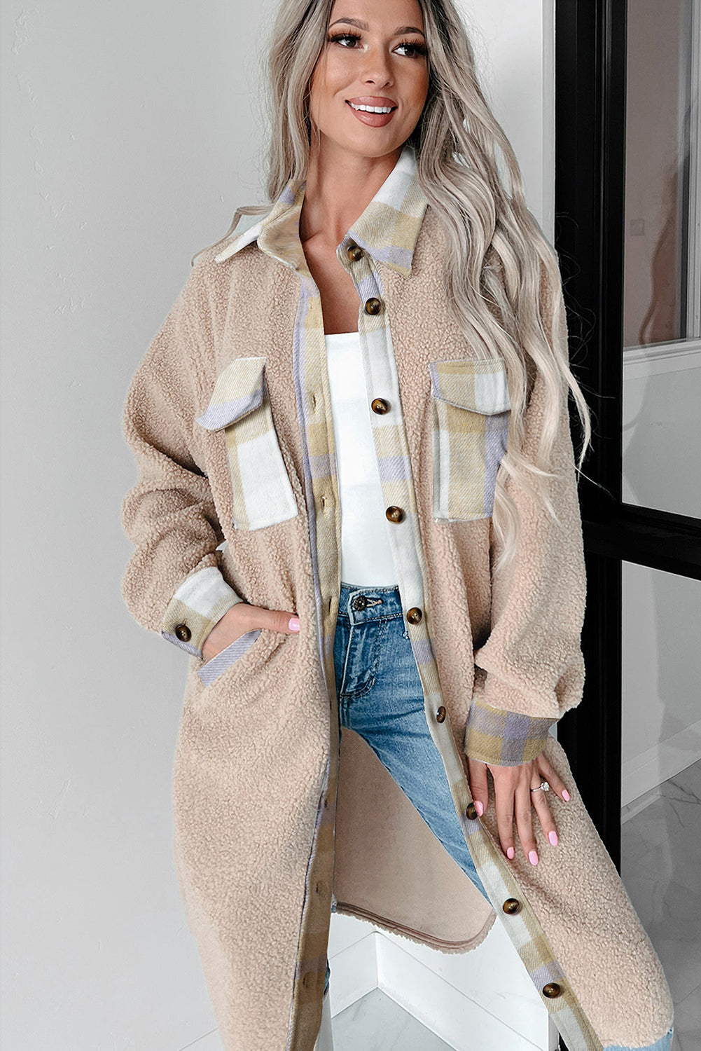 Plaid Patchwork Collared Button-up Sherpa Long Coat