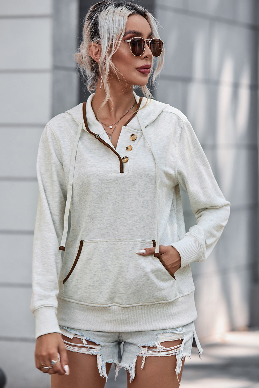Half Button Drawstring Hoodie