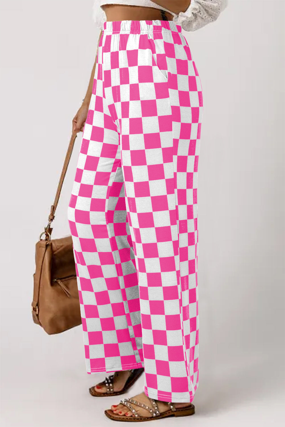 Checked Print High Waist Wide Leg Pants
