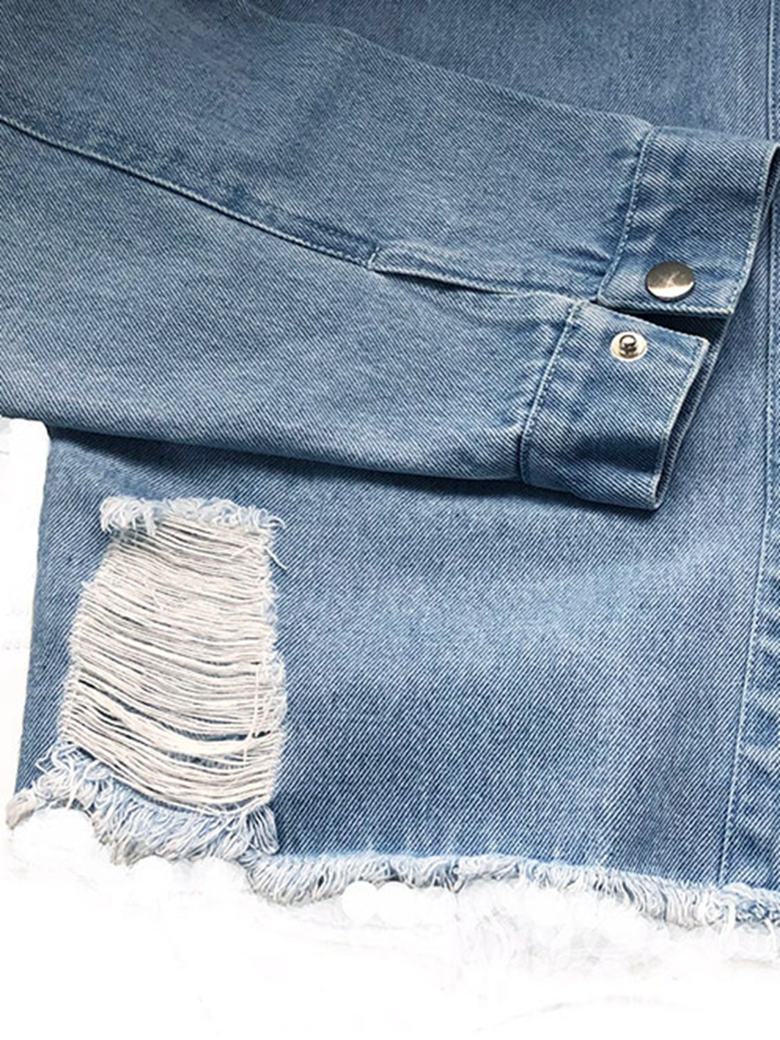 Raw Hem Collared Neck Long Sleeve Denim Top