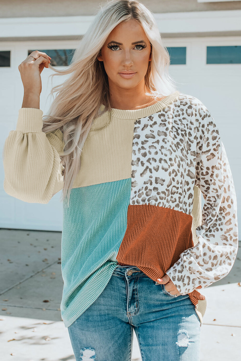 Leopard Patchwork Ribbed Long Sleeve Top