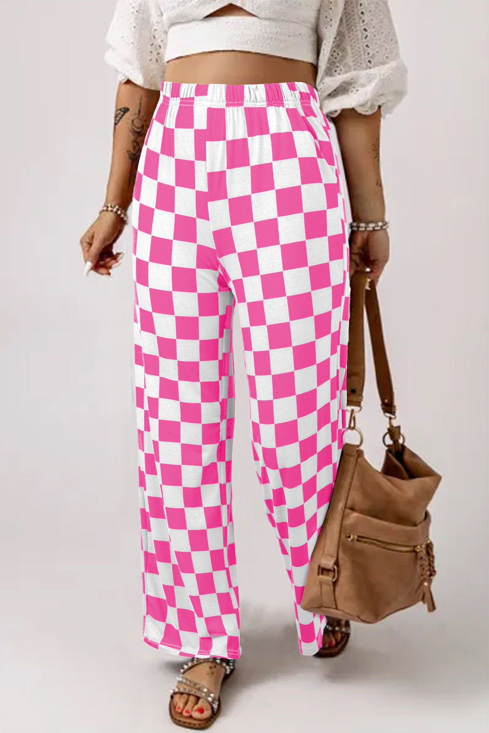Checked Print High Waist Wide Leg Pants